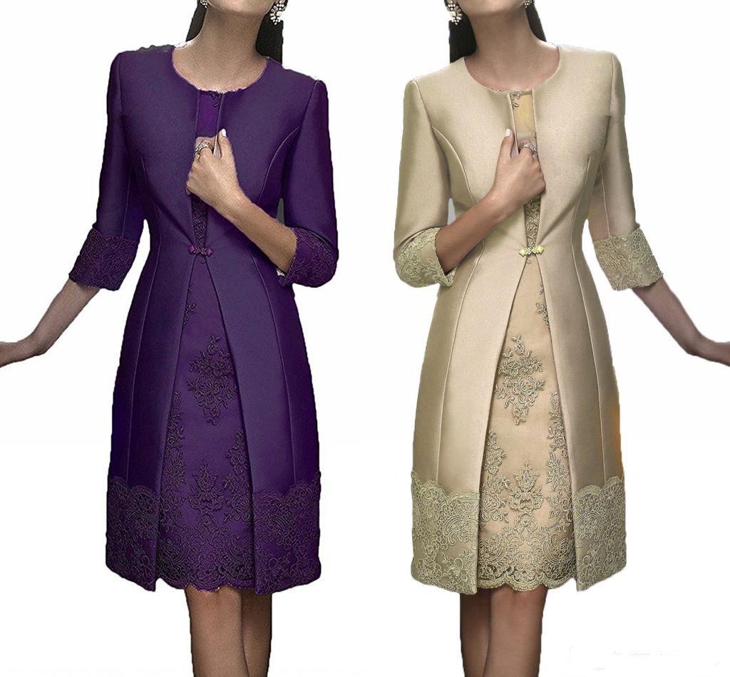 Compra Vestidos Elegantes Para La Madre Con Chaqueta Manga Larga Satén  Encaje Formal Traje De Fiesta Longitud De La Rodilla Vestidos De Invitados  De Boda Por Encargo Barato | Entrega Rápida Y