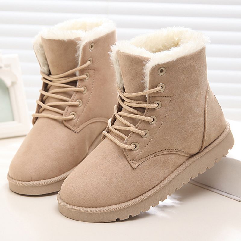 Dameslaarzen Sneeuw Warm Winter Laarzen Vrouwen Schoenen Lace Up Bont  Enkellaarzen Dames Winterschoenen Zwart