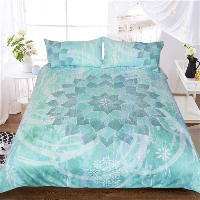 Full//Queen or King Boho Mandala Blue Teal Bedding Comforter 3 Pc Cotton Set