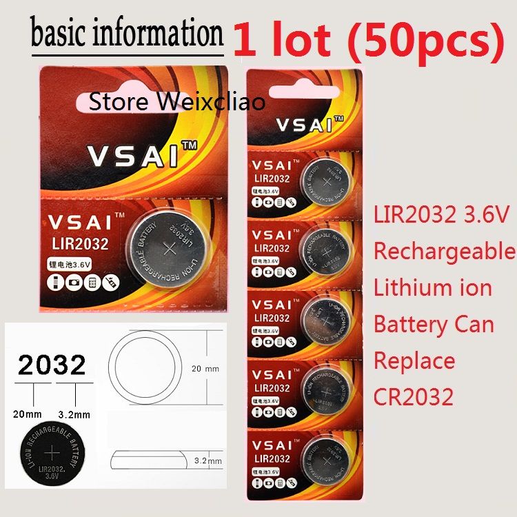 1 LIR2032 3.6V Lithium Li Ion Rechargeable Button Cell Battery 2032 3.6
