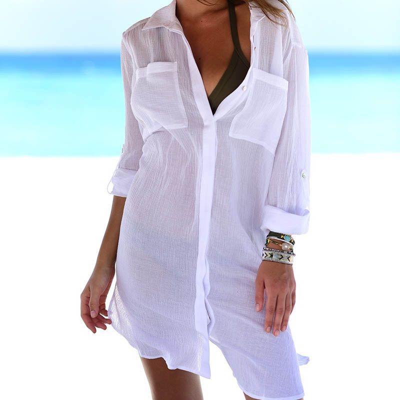 Fitshinling bolsillos blusa camisa verano playa cubierta traje baño ahueca hacia fuera atractivos