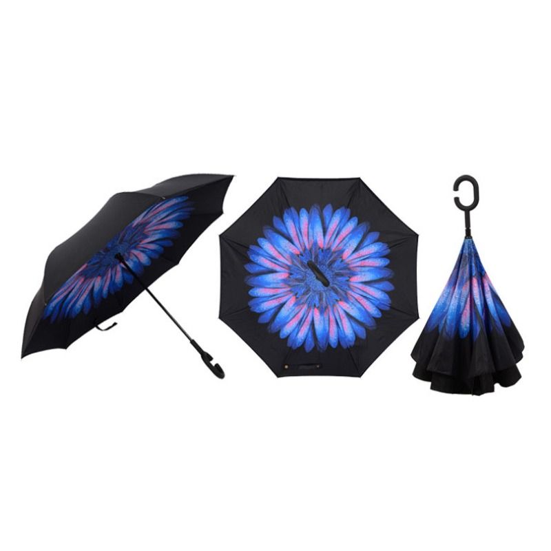 CarShield Double Layer Inverted Folding Umbrella Windproof, Self Standing, C Hook Hands Free