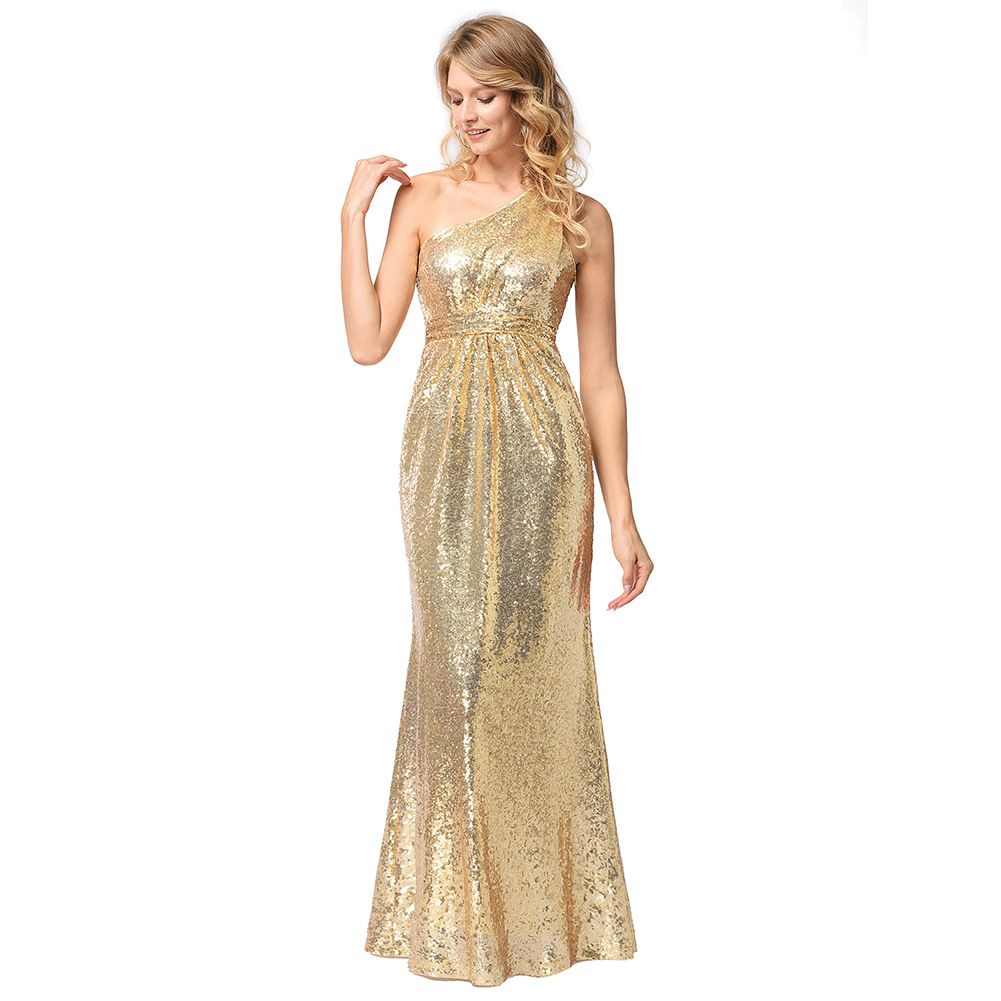 one shoulder gold sequin dress