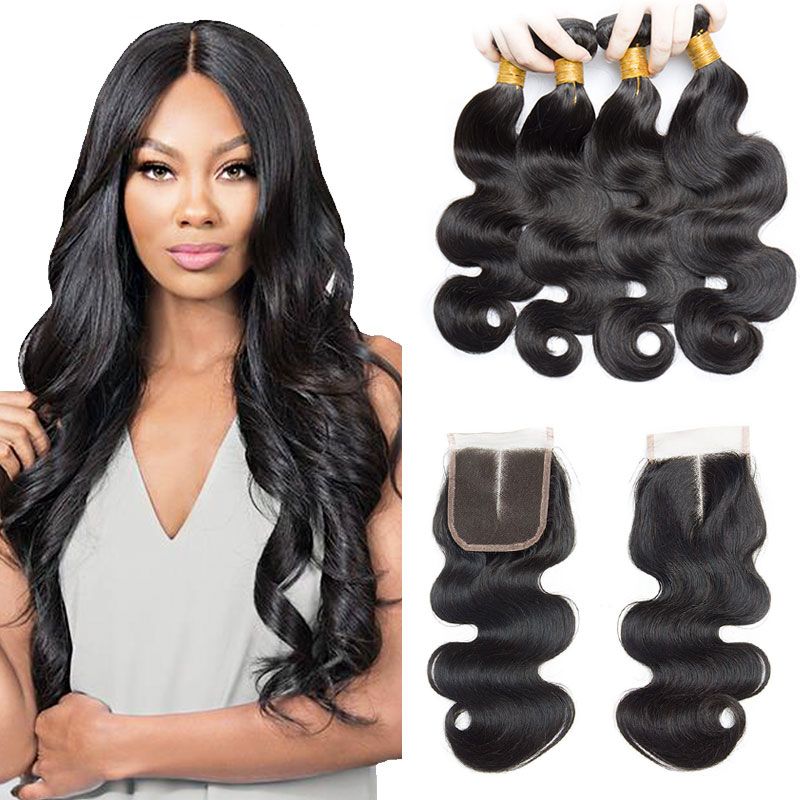 Body Wave 4 Bundles Remy Human Hair With Lace Closure Wet And Wavy