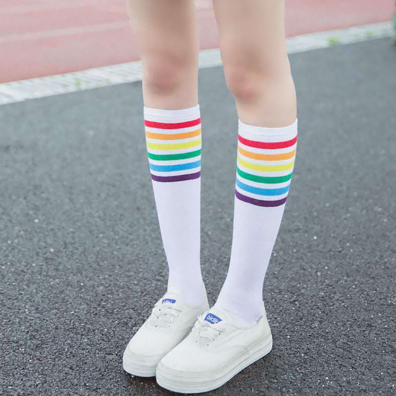 para estudiantes sobre la rodilla rayas Calcetines Yiwann para mujer arcoíris invierno 