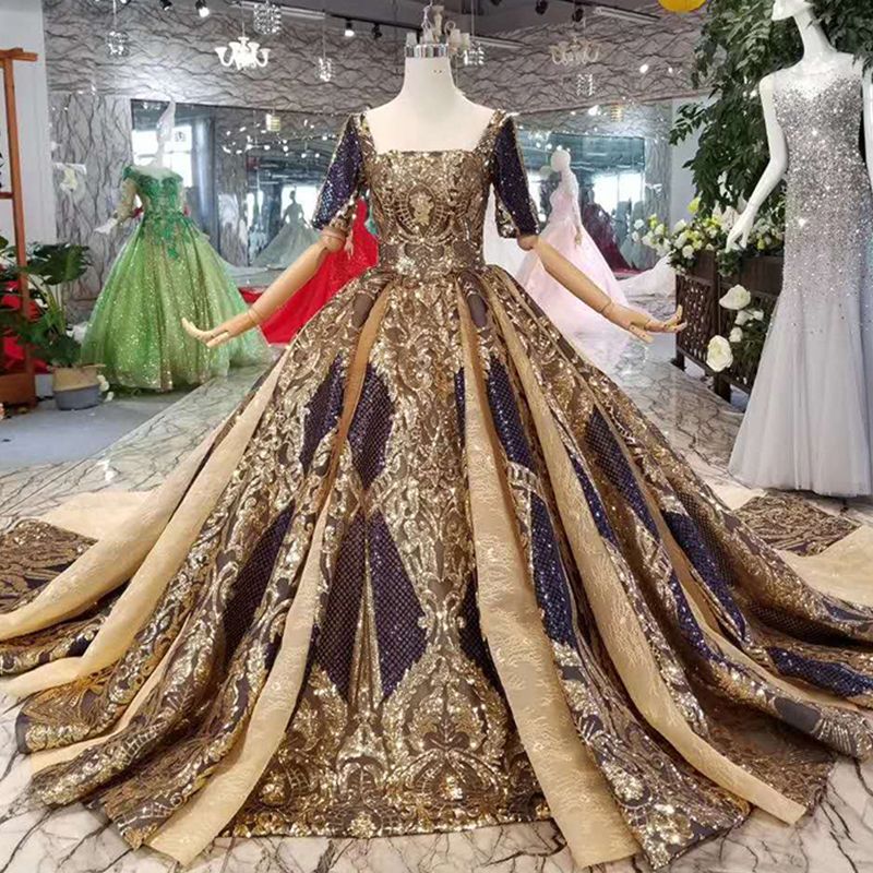 Shiny Queen Occasion Dresses Square Collar Half Sleeve Open Back Golden ...