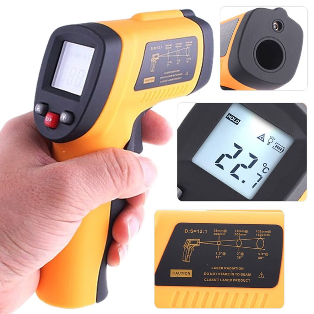 Jaune Thermom/ètre infrarouge LCD num/érique sans contact avec pistolet IR Point de laser IR pour thermom/ètre infrarouge de mesure de temp/érature infrarouge thermique