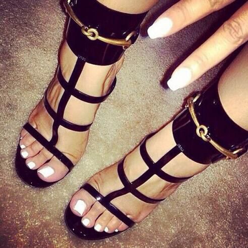 wide black strappy heels