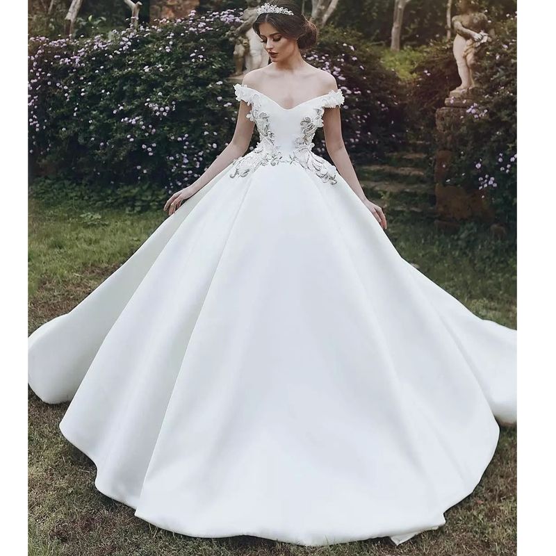 Acquistare Abito Da Sposa Moderno Stile Arabo Bianco In Raso A Dubai Con  Spalle Scoperte, Perline Di Fiori 3D, Abito Da Sposa, Increspato, Robe De  Mariee Gonfio Economico | Consegna Veloce E