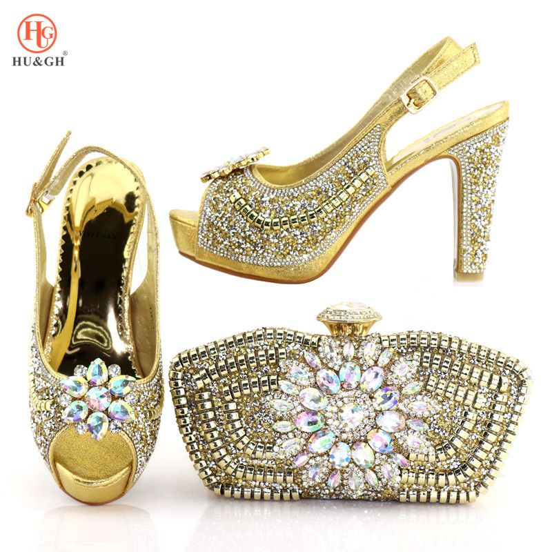 2018 New Nigerian Golden Color Women Shoes And Purse Set African
