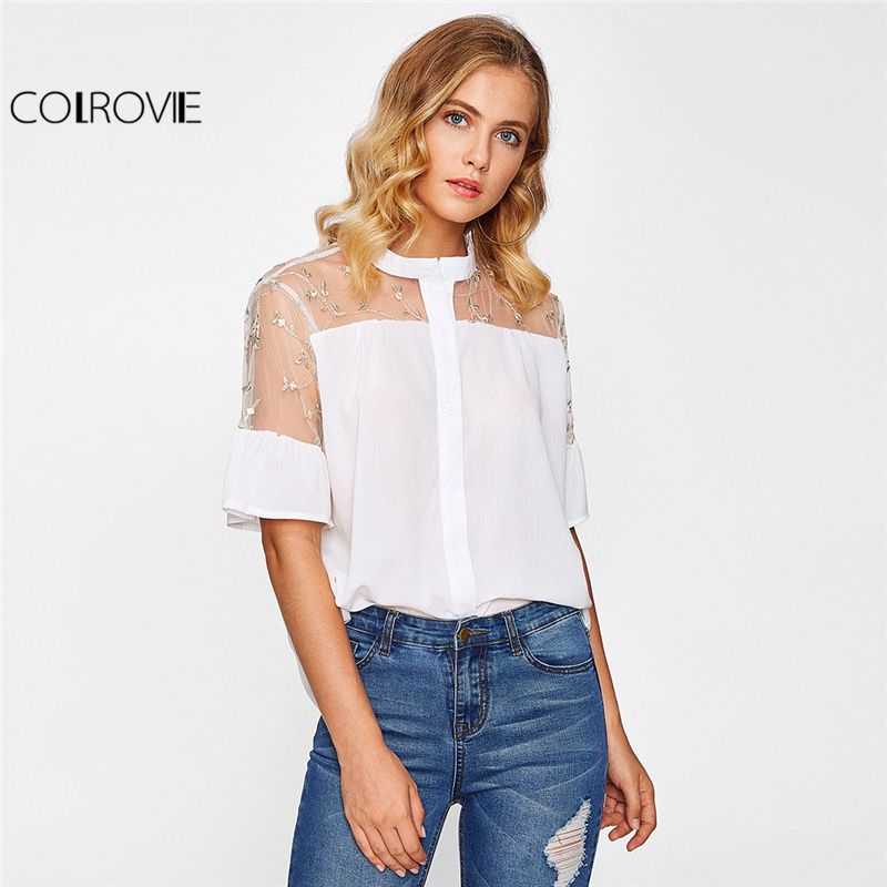 COLROVIE Floral Mesh Yoke Shirt White 