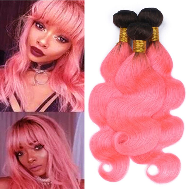 Dark Roots Pink Ombre Peruvian Human Hair 3 Bundles Two Tone 1b