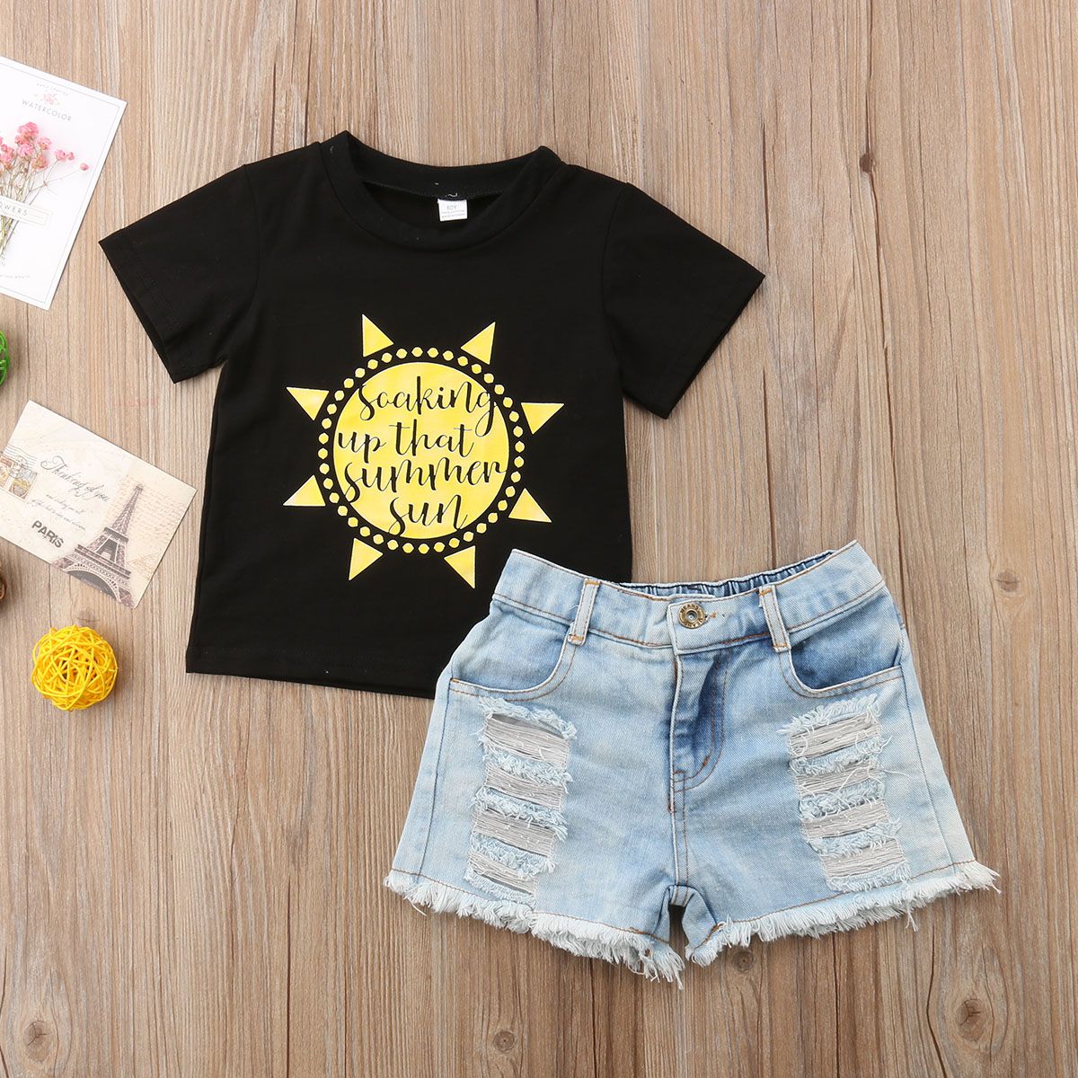 2020 Summer Kids Girl Clothes Black T Shirt Jeans Shorts Set