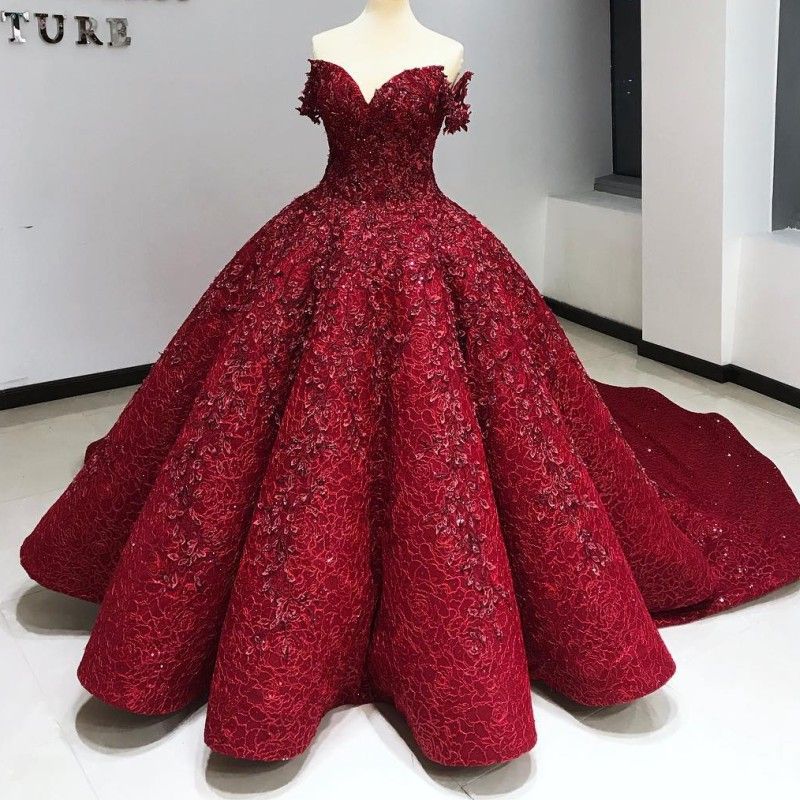 red off shoulder gown