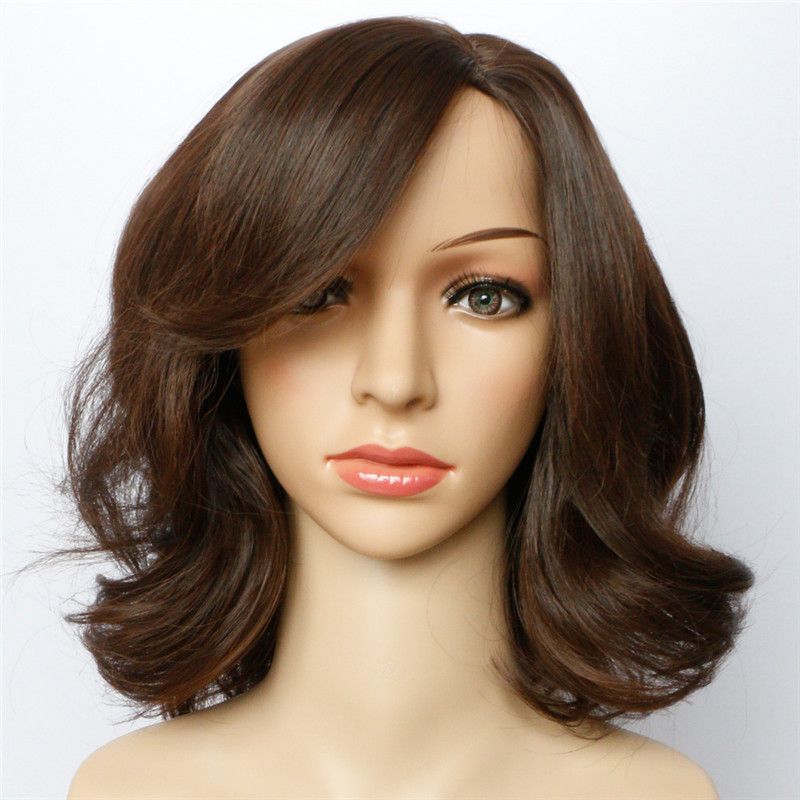 Z F Inclined Bangs Wigs Curly Wigs White Women 14inch Dark Brown