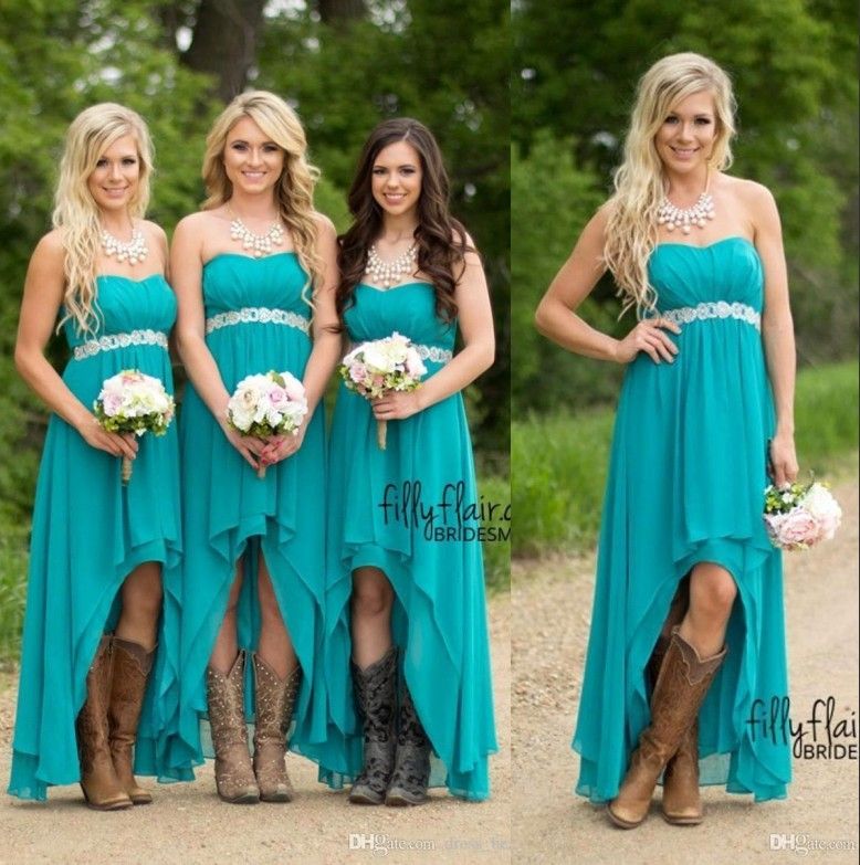 2019 Teal Turquoise Cheap Country Bridesmaid Dresses High Low Chiffon Boho Summer Beach Wedding Guest Party Bridesmaids Wear Under 70 Flowy Bridesmaid