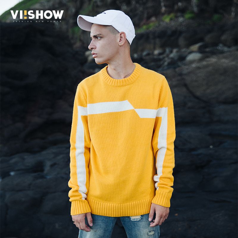 VIISHOW 2017 New Sweaters Men Brand Clothing Fashion Mens Pullover Quality Yellow White Striped Knitted Sweater Male ZC2314173 Canada 2019 From