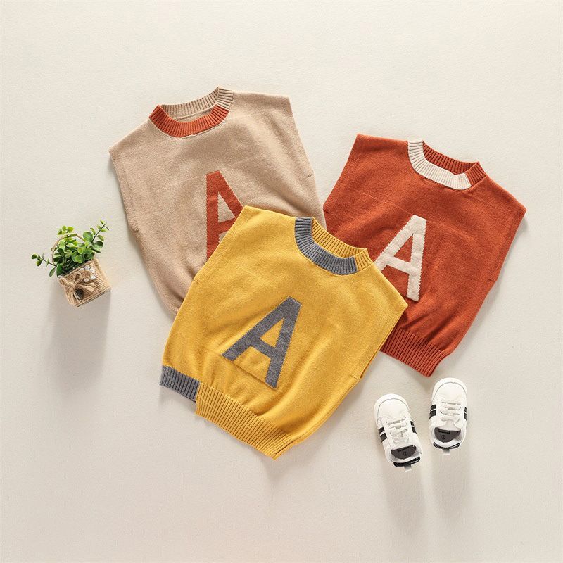 Letter Sweaters Vest Printed A 95% Cotton Fine Wool Yarn Waistcoats Kids Boys O Neck Jumper Solid Sleeveless Cute Red Yellow Brown Vests Safety Vest