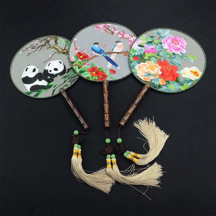2020 Luxury Round Small Decorative Fan Handle Chinese Hand Held Fans Full Handmade Double