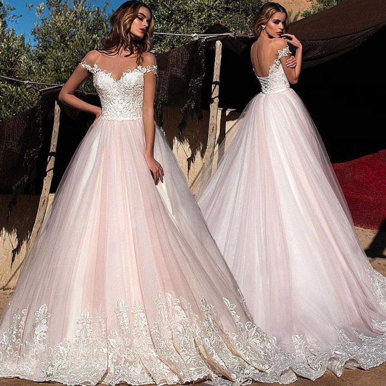 Vestidos de novia de color rosa claro 2019 de la aplique de encaje del hombro elegante Vestidos de novia de color rosa claro 2019 de la aplique de encaje del hombro elegante