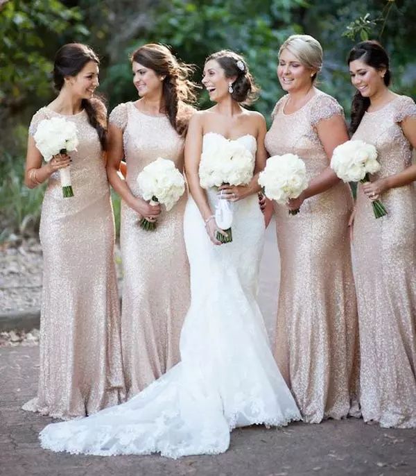 2019 Rose Gold Sequins Mermaid Bridesmaid Dresses Cap Sleeve Crew ...