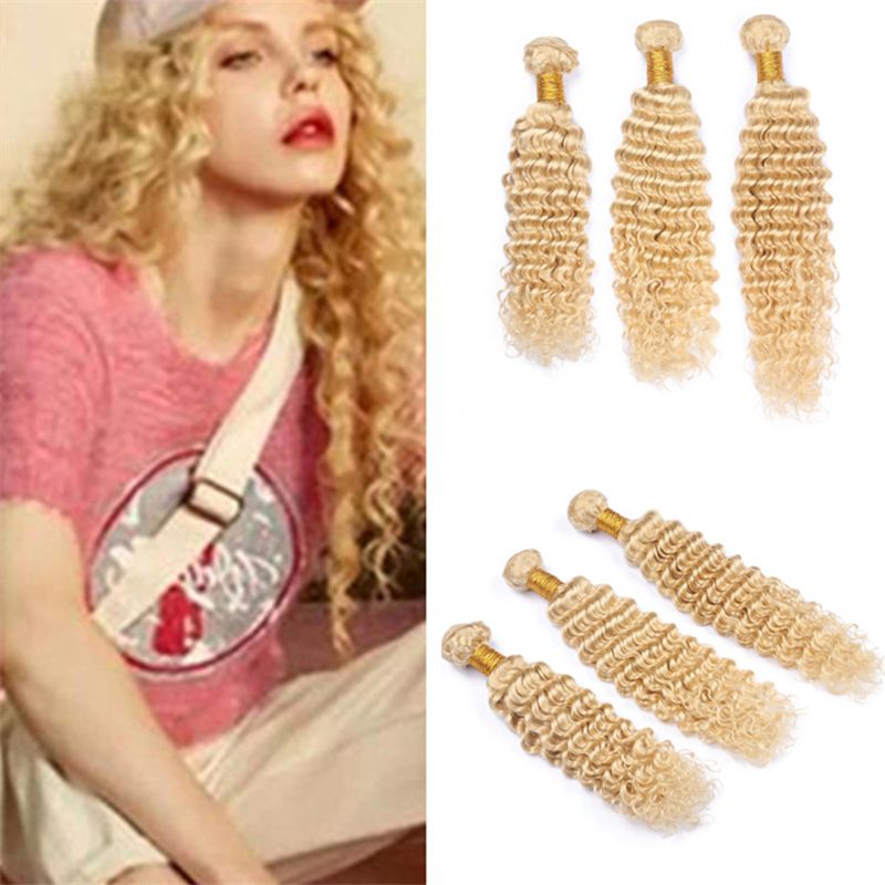 Indian Deep Wave Curly Blonde Hair Weave Platinum Blonde 613