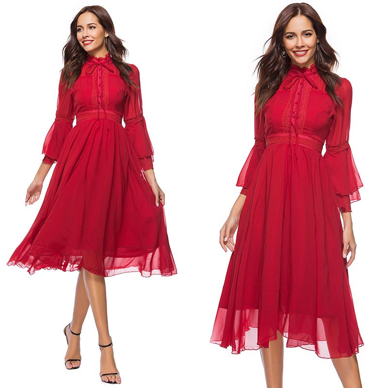Acheter Robes De Mode Pour Les Dames Avec Dentelle En Mousseline De Soie Manches Evasees Vin Rouge Couleur Une Robe De Ligne Plus La Taille De La Soiree Robe De Soiree Diner