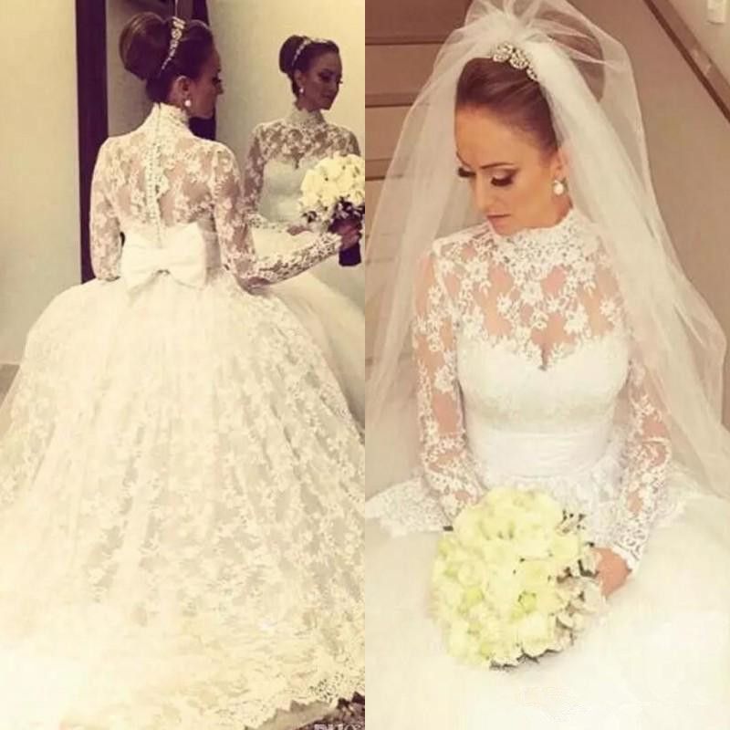 Acquista Il Vestito Da Cerimonia Nuziale Del Collo Alto Del Merletto Dellannata Pieno Si Abbottona Larco Dellabito Di Sfera Del Manicotto Del Manicotto Nuovo Disegno Classico Di Abiti Da Sposa Su Misura