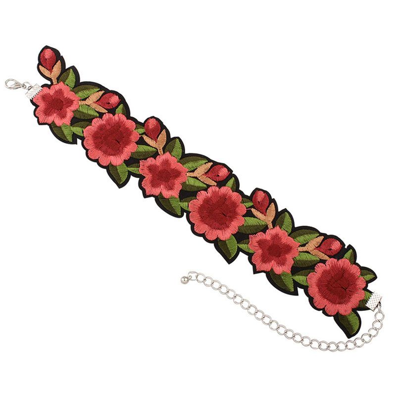 PINK FLORAL EMBROIDERED BAND CHOKER boho peasant collar necklace embroidery T2 
