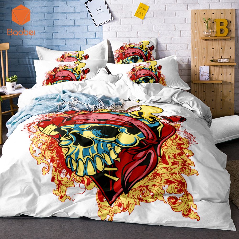 Cartoon Flowers Skull Big Mouth Duvet Cover Pillowcase White