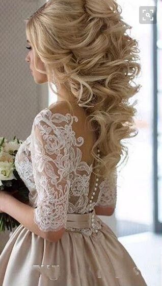 Discount Vintage Lace Stain Champagne Wedding Dresses Half Sleeve