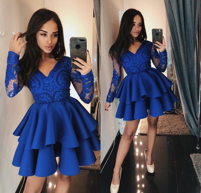 Royal Blue Short Cocktail Party Dresses Long Sleeve Lace V Neck A Line Satin Mini Evening Gowns Formal Special Occasion Homecoming Dresses From Queendresses, $97.99 | DHgate.Com