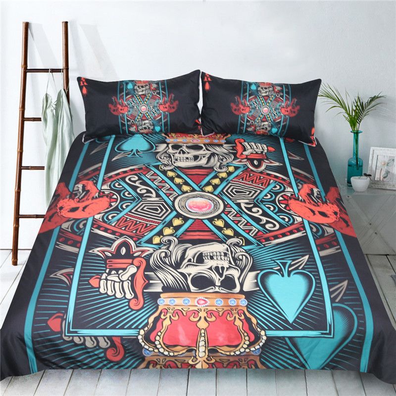 3d Poker Skull King Bedding Set Blue Red Duvet Quilt Cover