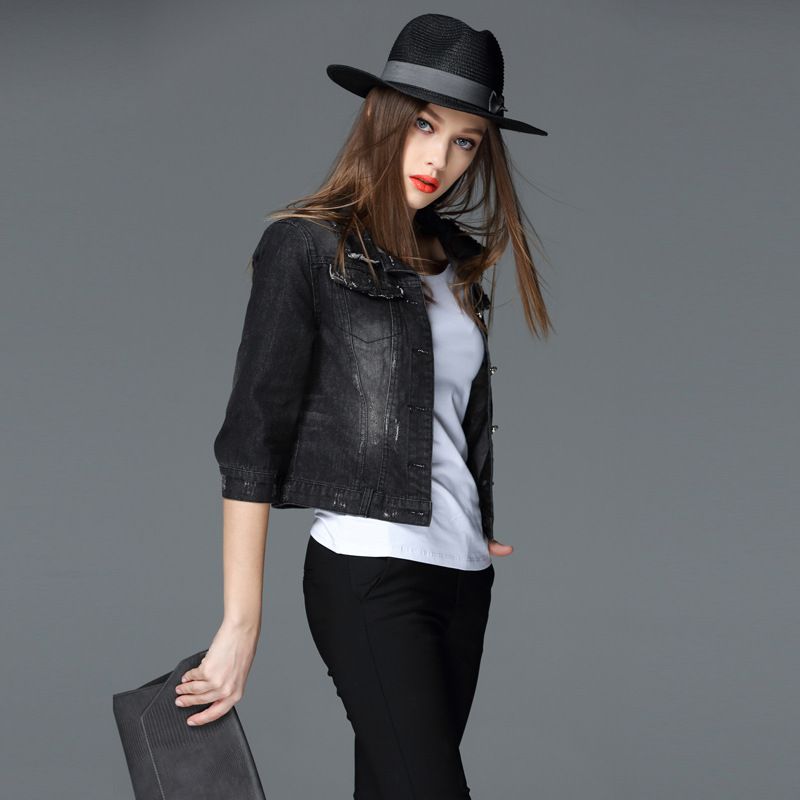 Black Denim Jacket 3/4 Sleeve Single 