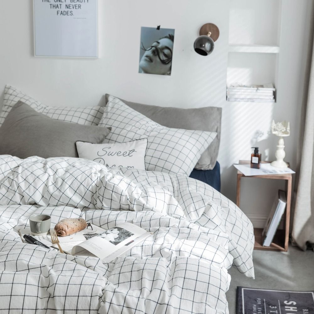 Plaid Bedding Set Yarn Dyed Washed Coon Bedding Set Cute Bedding