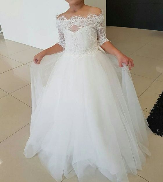 Acquistare Abiti Da Bambina A Fiori Bianchi 2018 New Floor Lunghezza Fuori  Dalla Spalla 1/2 Sleeve Lace Applique Prima Comunione Dress Pageant Dress  Custom Made Economico | Consegna Veloce E Qualità | DHgate Italy