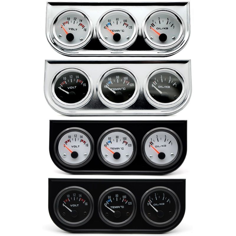 Water Temp Oil Pressure Volt Gauge 52mm 3 In 1 Triple Gauge Kit Black/Chrome Bezel Black/White