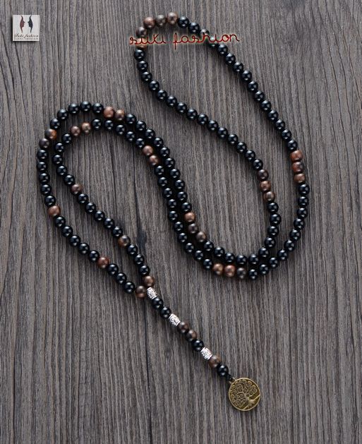 Collar de los hombres 6mm Black Agate Beads de madera con un colgante de árbol