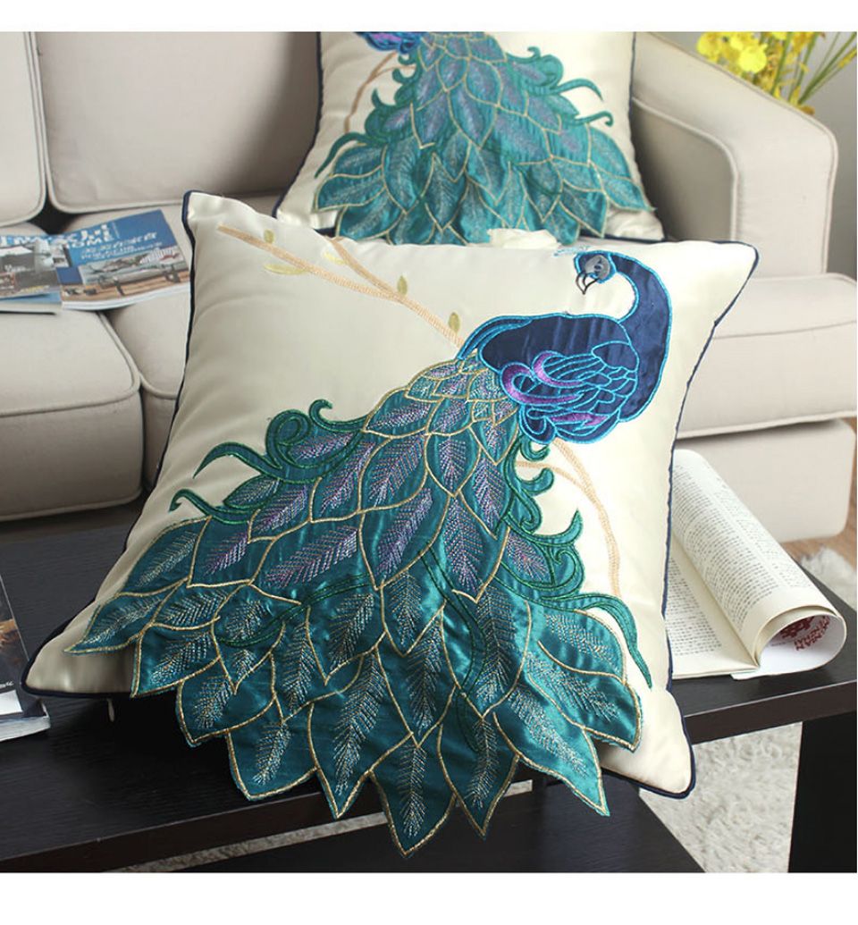 Luxury Handmade Peacock Cushion Faux Silk Decorative Embroidery Cushion