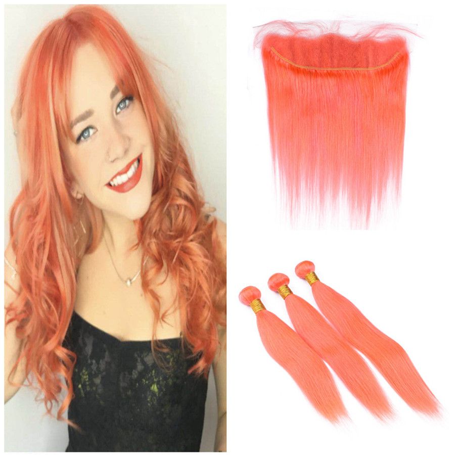 2019 Peach Pink Color Lace Frontal With Bundles Light Orange Human