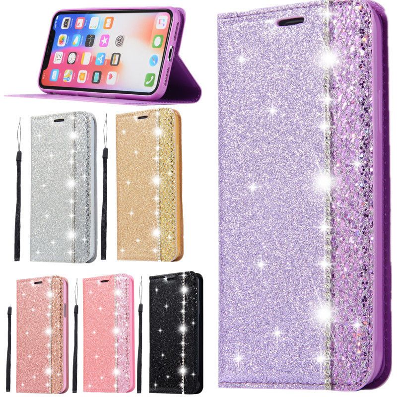 Fashion Bling Glitter Flip Wallet Case For IPhone XS Max XR PU Leather Card Slots Stand Holder