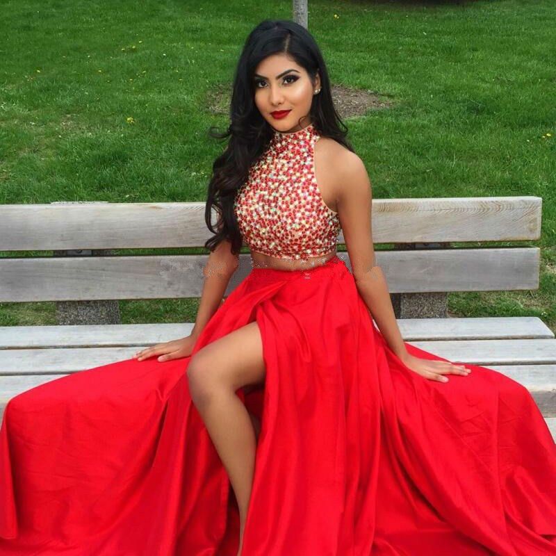 Compra Bastante Rojo Dos Piezas Largos Vestidos De Baile Vestido Longo De  Festa Sexy Escote Halter Cristales Pedrería Dividir Mujeres Vestidos De  Noche Formales Barato | Entrega Rápida Y Calidad | DHgate