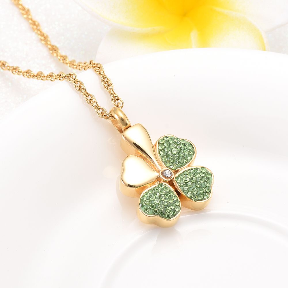 Crystal Four Leaf Clover Memorial Ash Necklace Stainless Steel Cremation Jewelry