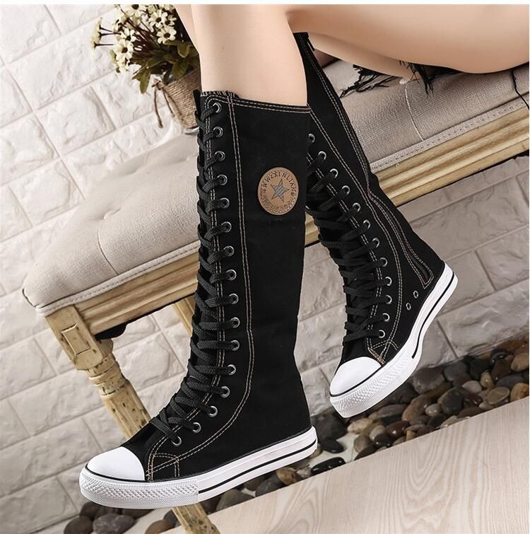 Womens Canvas Flat Sneakers Lace Up Knee High Rivet Boots
