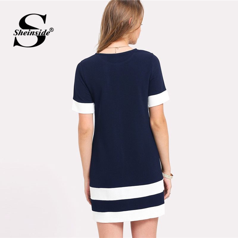 Sheinside Navy Straight Stripe manga corta vestido de cambio Ladies Block de color redondo cuello Mini Sheinside Navy Straight Stripe manga corta vestido de cambio Ladies Block de color redondo cuello Mini
