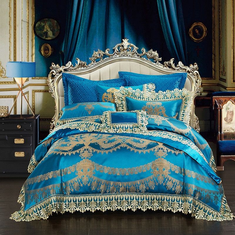 4 6 Lace Blue Oriental Luxury Duvet Cover Set Wedding Royal Queen