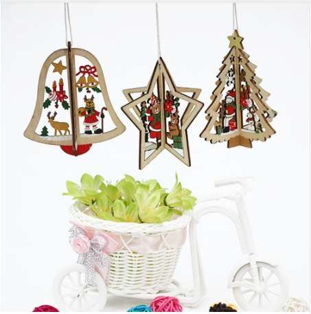 3D Xmas Tree Pendants Hanging Wooden DIY Christmas Decoration Home Party Decor 