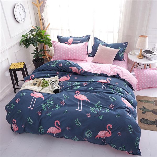 New Cartoon Pink Flamingo Bedding Sets Geometric Pattern Bed