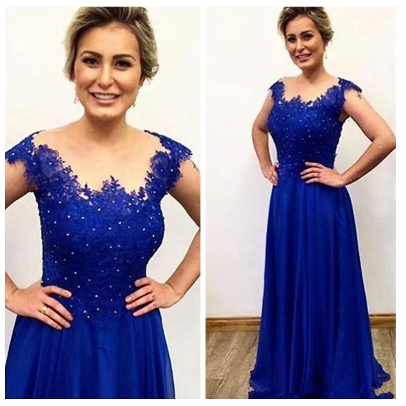 Elegant Royal Blue Mother Of Bride Groom Dresses 2018 Chiffon Lace Appliques Beaded A Line Long Elegant Royal Blue Mother Of Bride Groom Dresses 2018 Chiffon Lace Appliques Beaded A Line Long