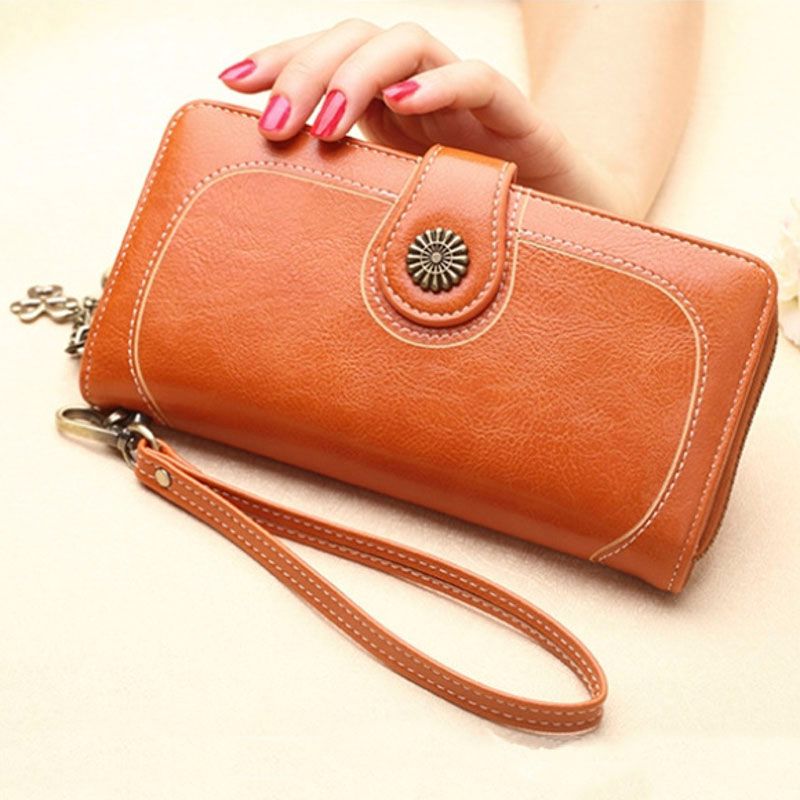 Women Split Leather Long Wallet With Zippers Ladies Purses With Short Strap